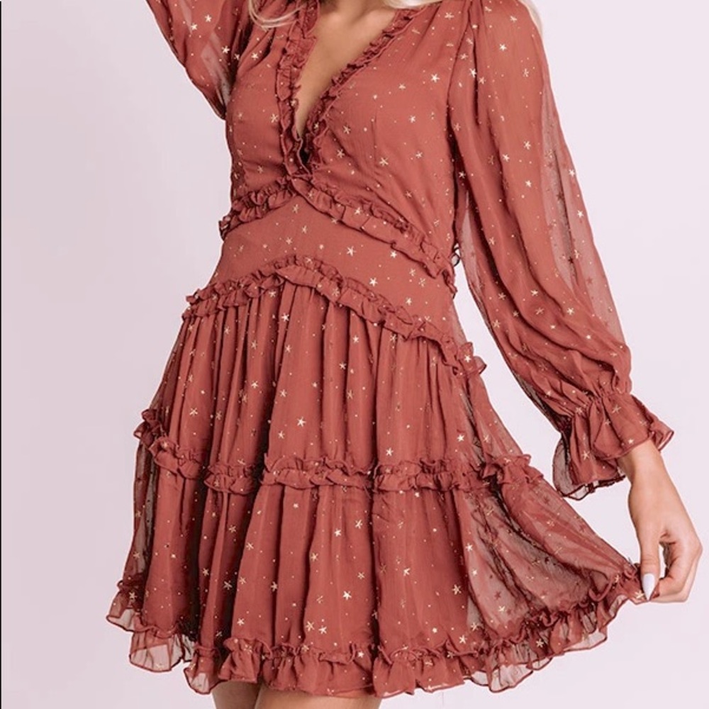 rust ruffle dress